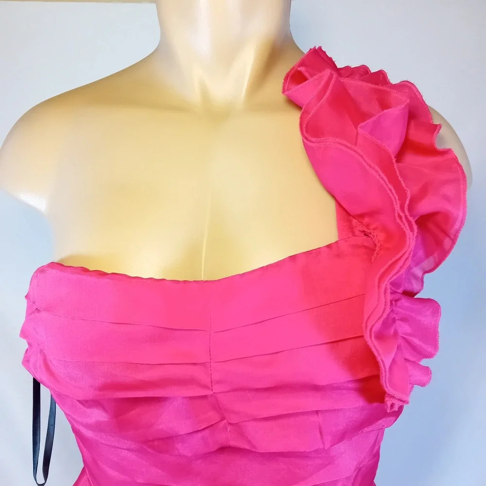 Vintage Y2K Bebe 100% Silk Mini Dress Hot Pink Ruffle One Shoulder Corset Back M - Picture 6 of 16